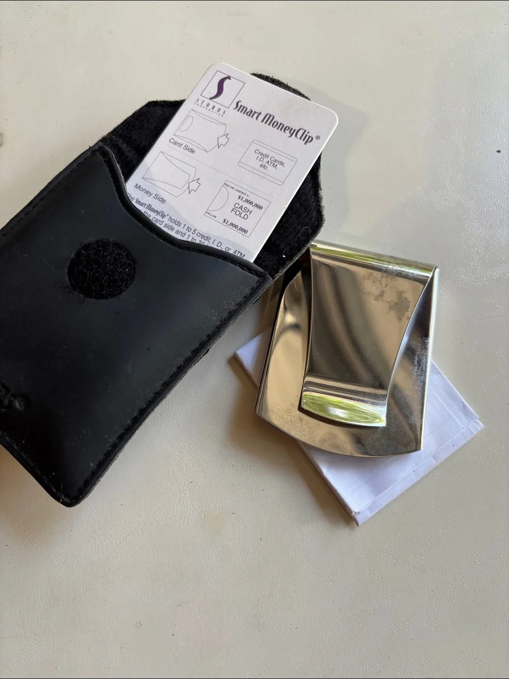 Smart MoneyClip Stainless Steel Money Clip with Black Leather Sleeve